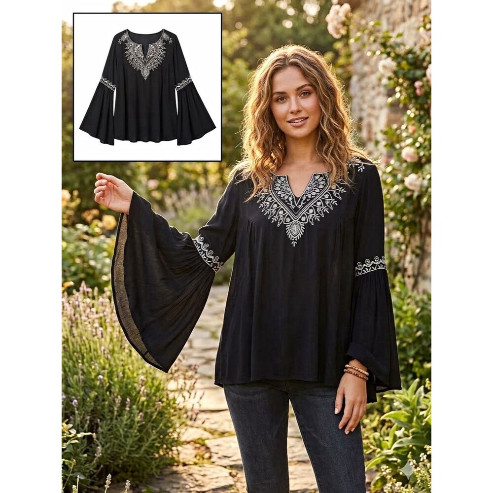 Angie Women’s Sz L /XL* Black Embroidered V-Neck Bell Sleeve Boho Tunic Relaxed